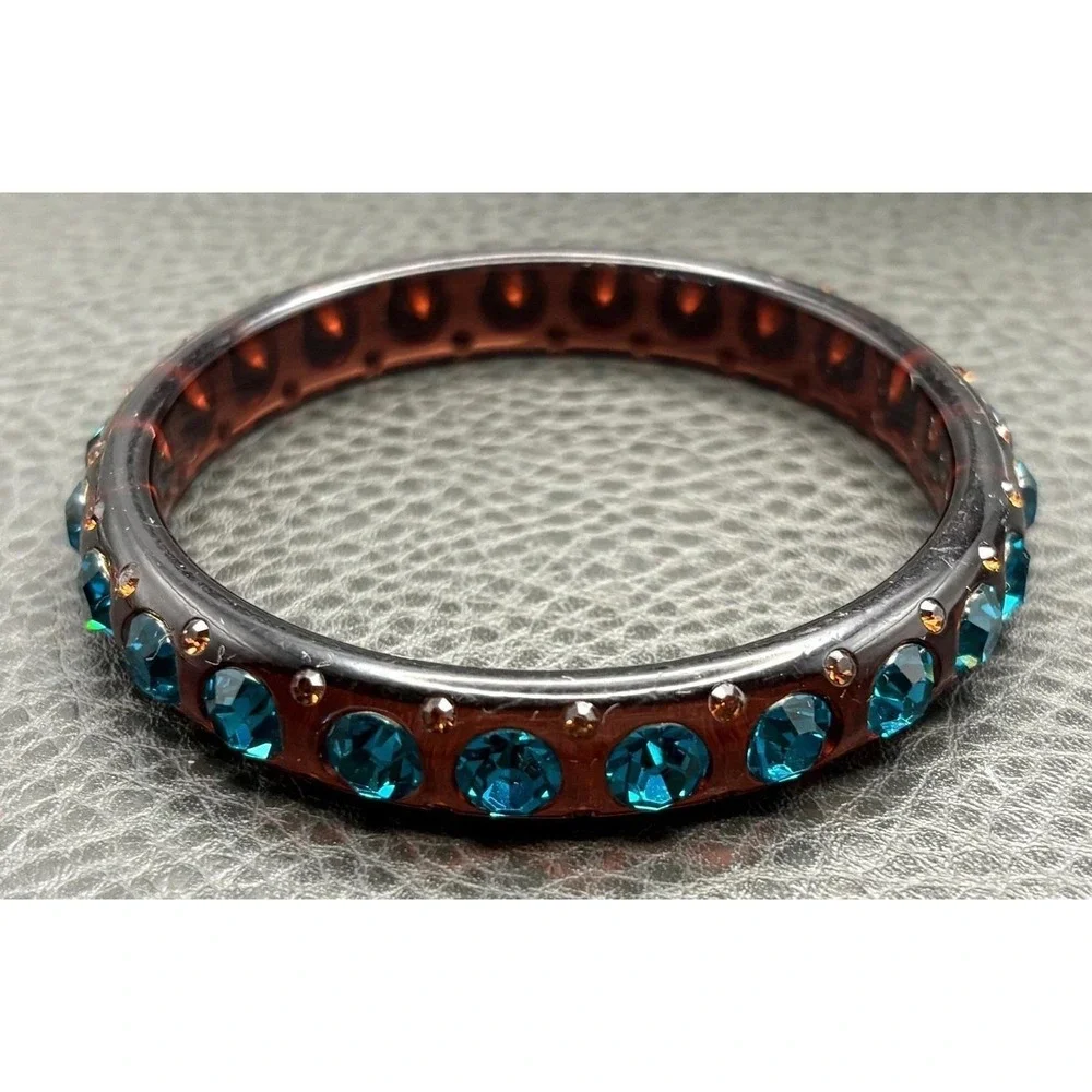 Vintage Teal Blue Crystal Rhinestone Bangle Bracelet Brown Lucite 8